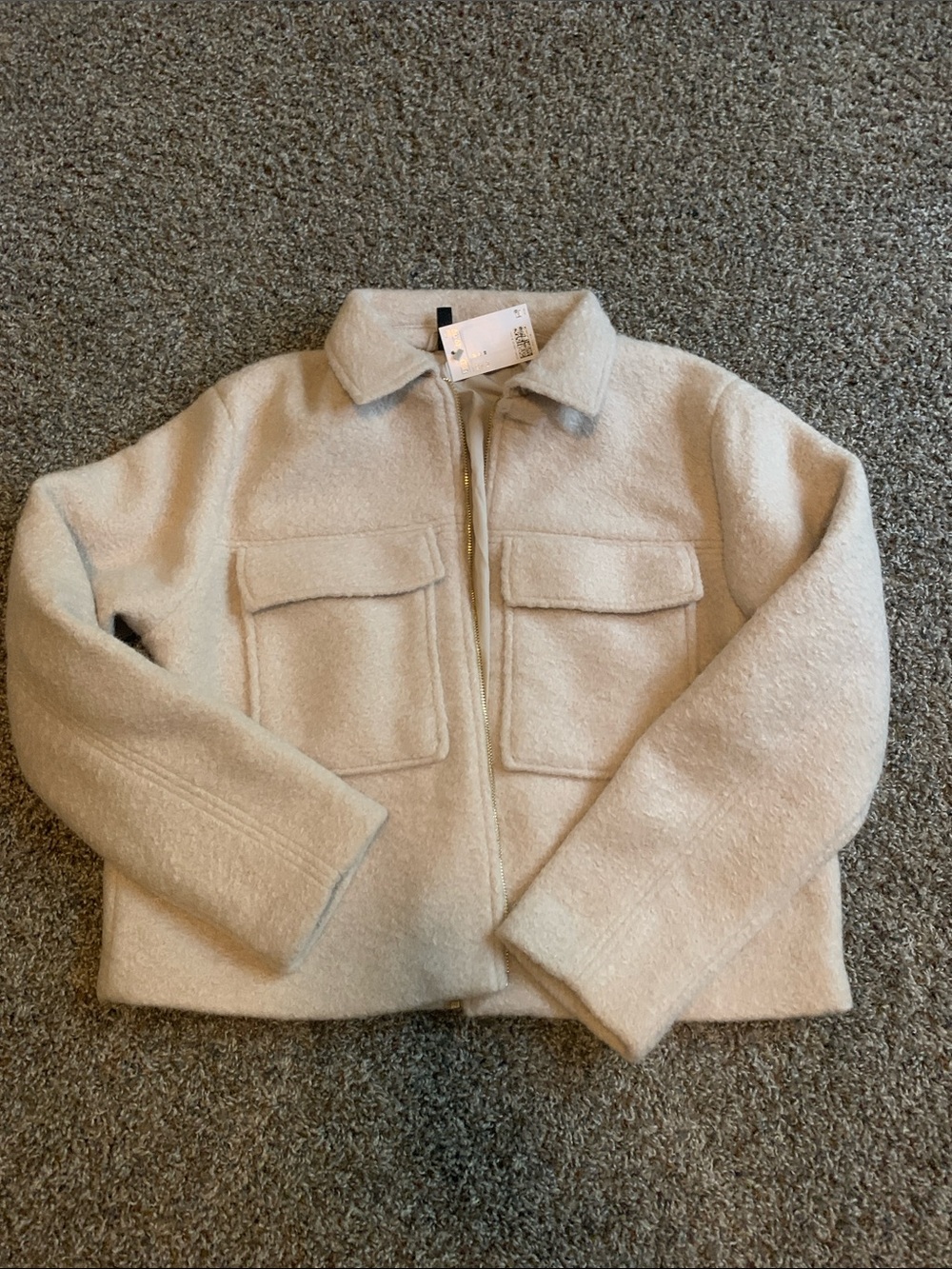 H&M Cream Teddy Jacket with Zip and Patch Pockets